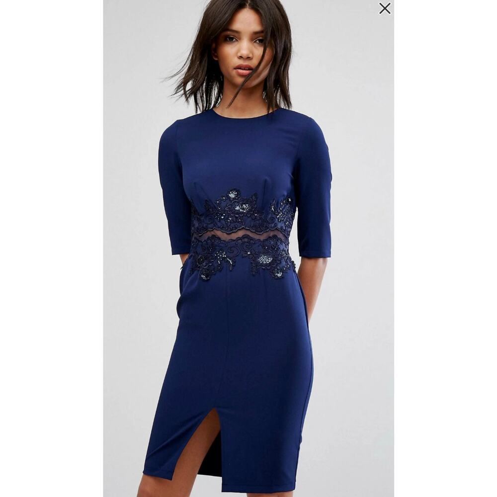 Little Mistress Navy Lace Insert Sheath Dress Size 6